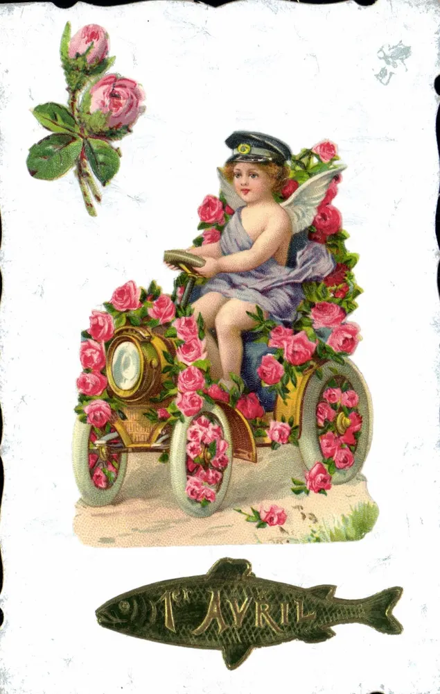 Cupidon, der ein mit Rosen dekoriertes Auto fährt — 1. April — unbekannter Verleger - Vorderseite