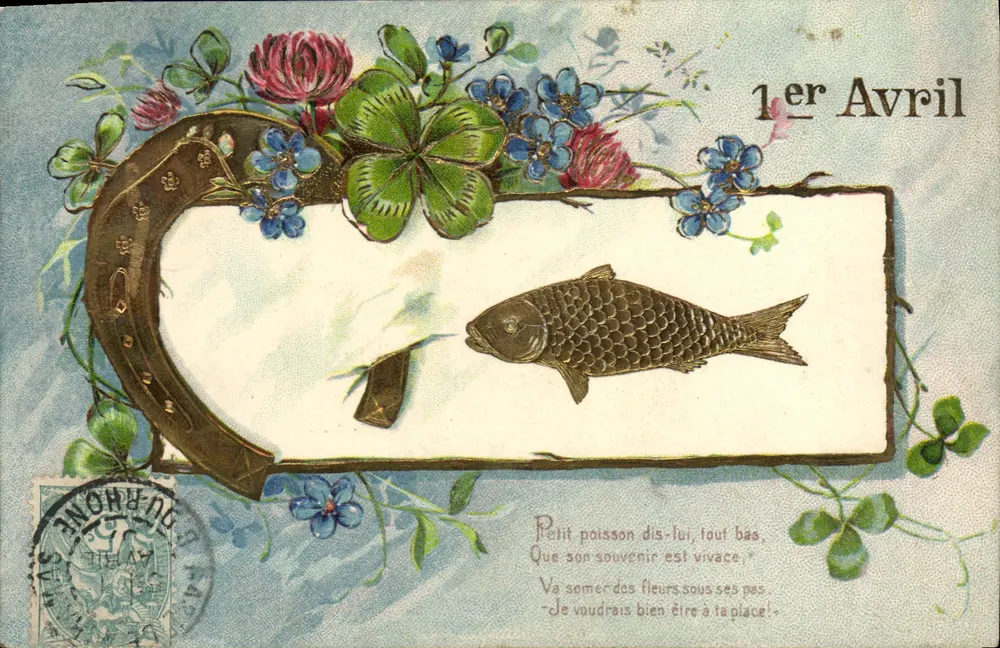 Fisch und Glücksschuh — 1. April — unbekannter Verlag, Seriennummer nicht sichtbar - Vorderseite