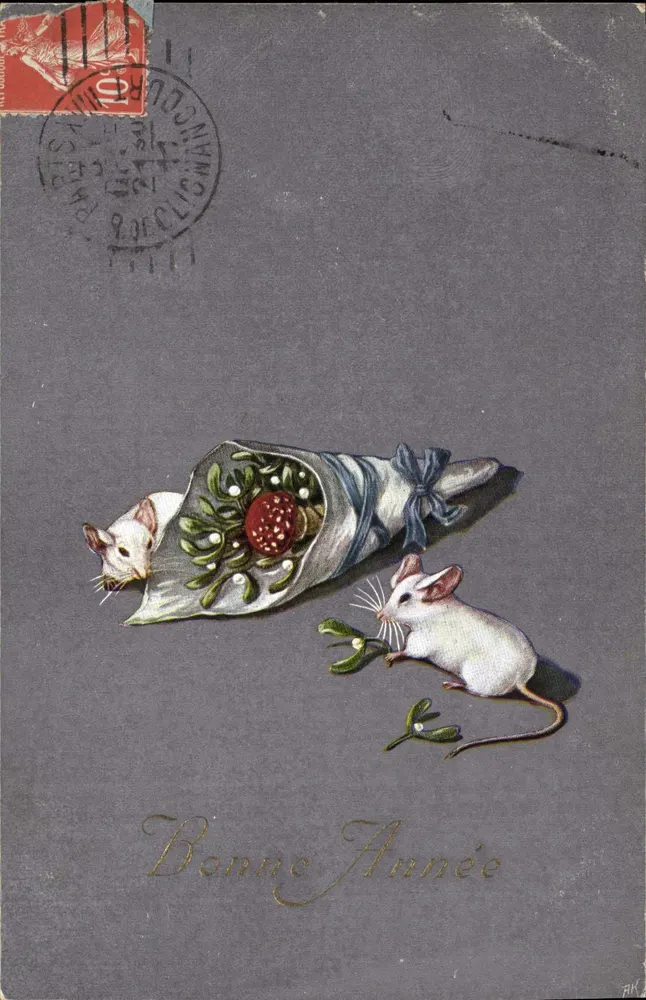 Zwei Mäuse und Blumenstrauß — Frohe Neujahr — H. H. i. W. Serie 771 - Vorderseite