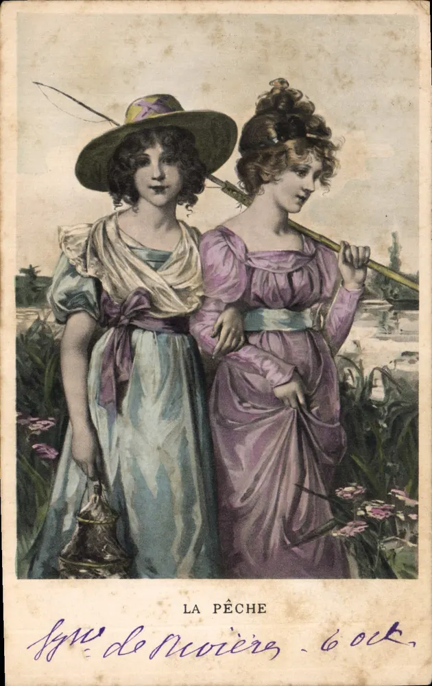 Deux jeunes femmes en tenue de pêche — scène de rivage — éditeur La Pêche, n° 6 oct. - Vorderseite