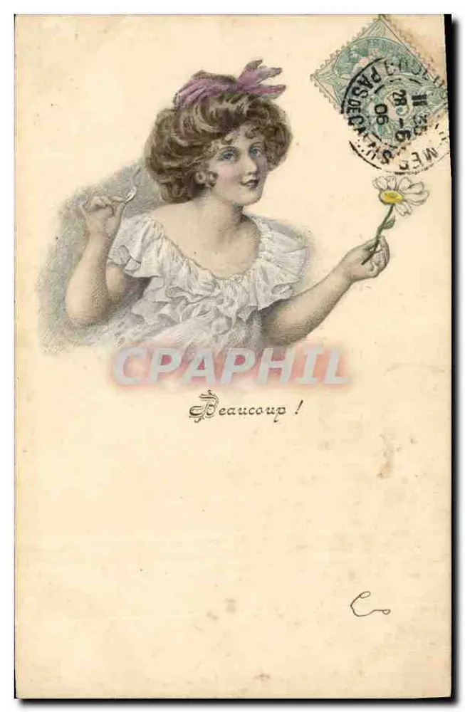 Menina segurando uma flor e uma garfo — 'Beaucoup !' — editor desconhecido - Frente