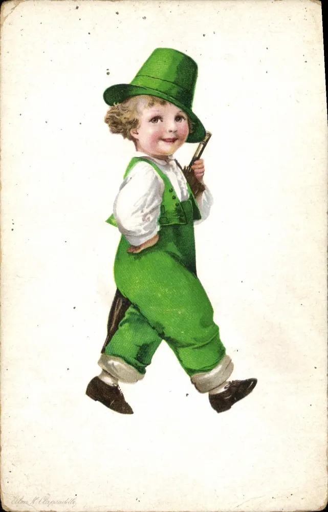 Criança em traje de Leprechaun — ilustração de Elon H. Cepsadille — número de série não visível - Frente