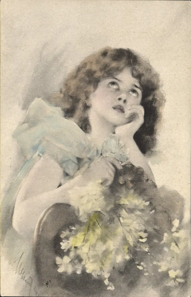 Menina sonhando — com buquê — desenho de M. Piquet - Frente