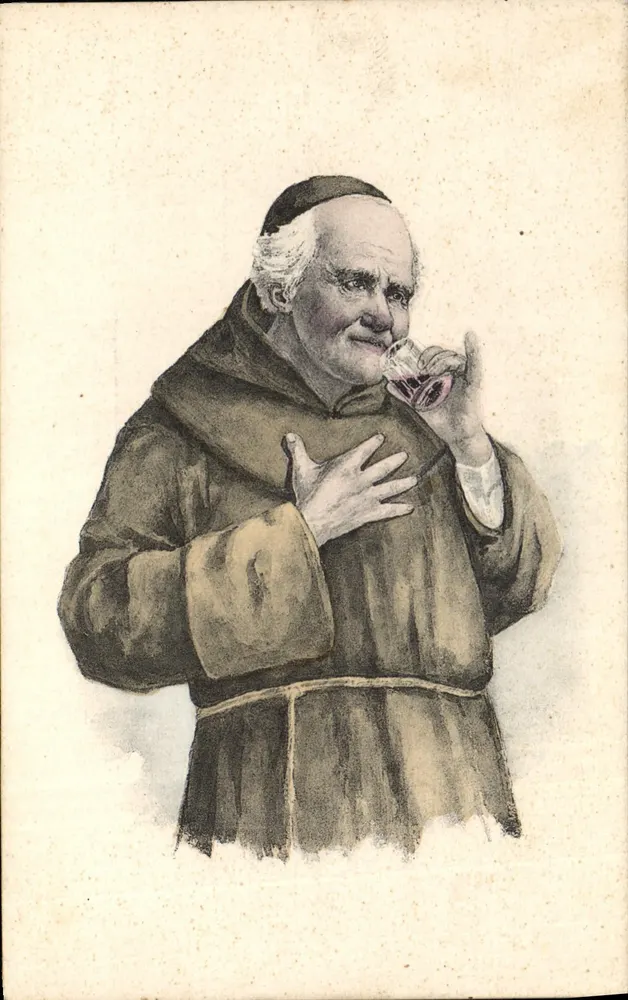 Padre franciscano bebendo vinho — editor N.P. Paris - Frente