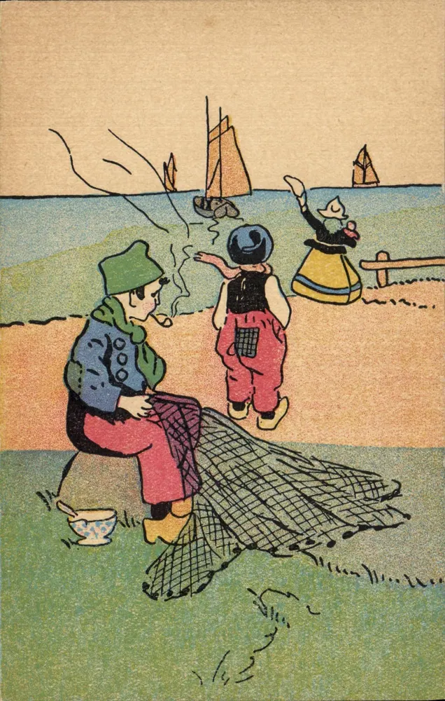 Frauen und Kinder Fischer — Strand mit Segelschiffen — unbekannter Verleger - Vorderseite