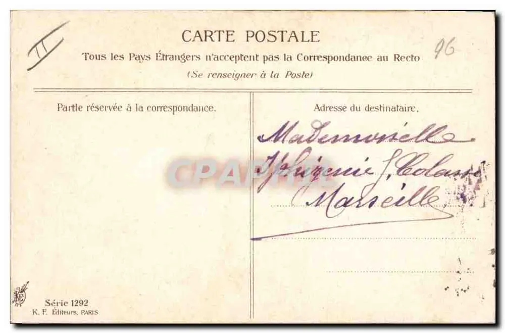 Porträt einer Frau — Werk von Léon Colomès — Serie 1292, K.F. Éditeurs, Paris - Rückseite