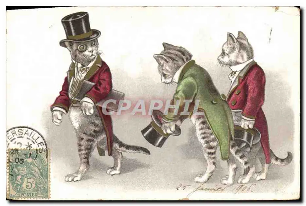 Trois chats en costume — scène de rue — éditeur 'Versailles' n° 689 - Awers