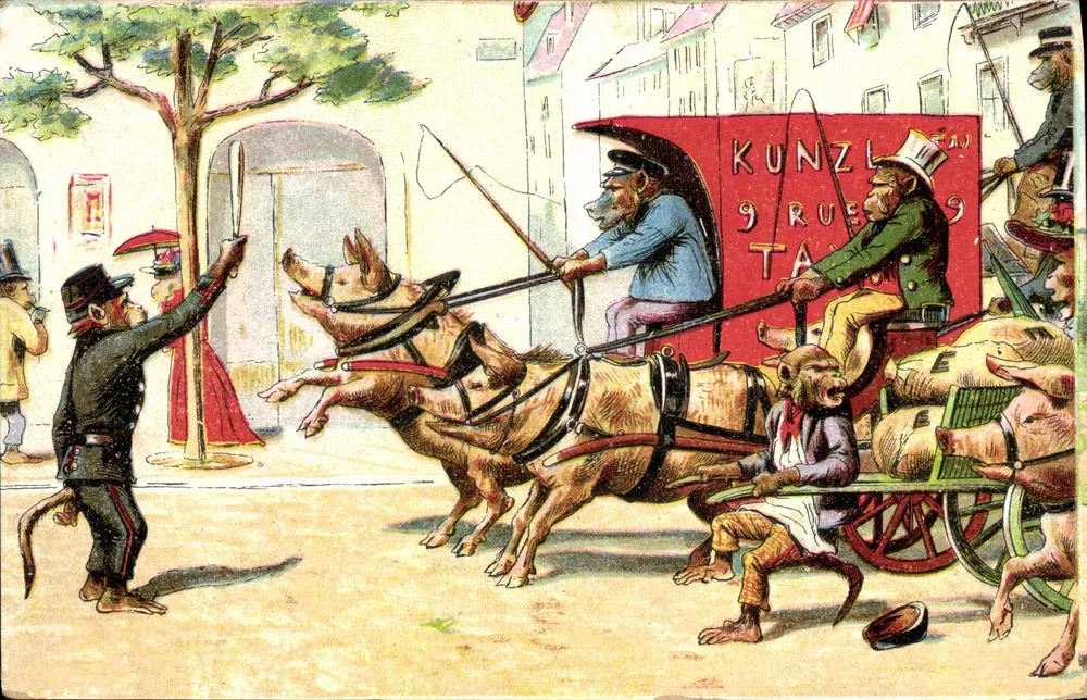 Affenjäger in einer Kutsche — Karikatur — Verlag GINOUX, Avignon - Vorderseite