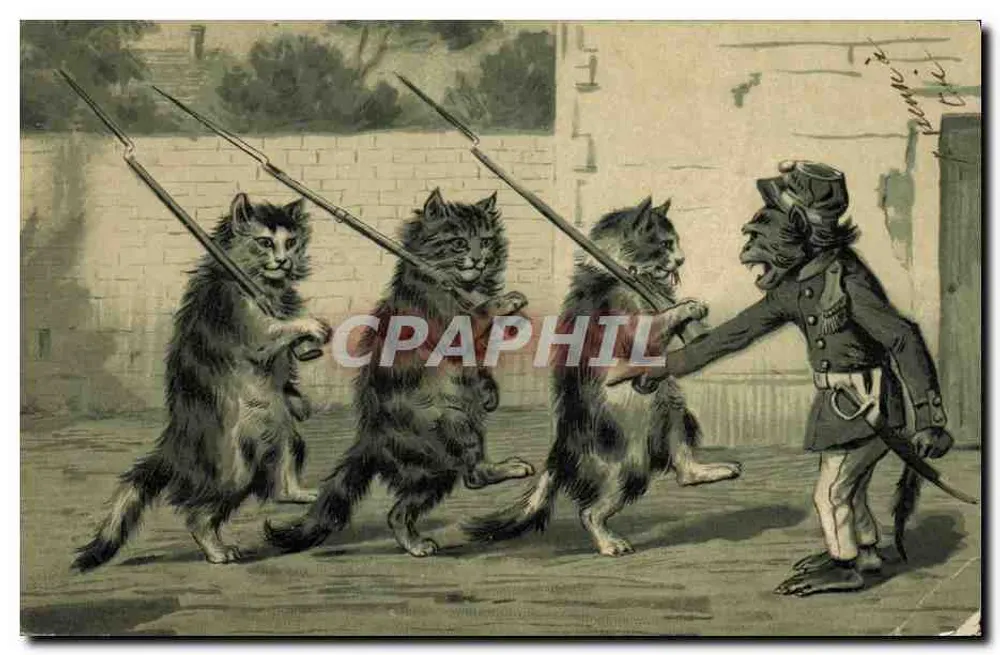 Trois chats en uniforme militaire — confrontant un singe en uniforme — éditeur anonyme - Awers
