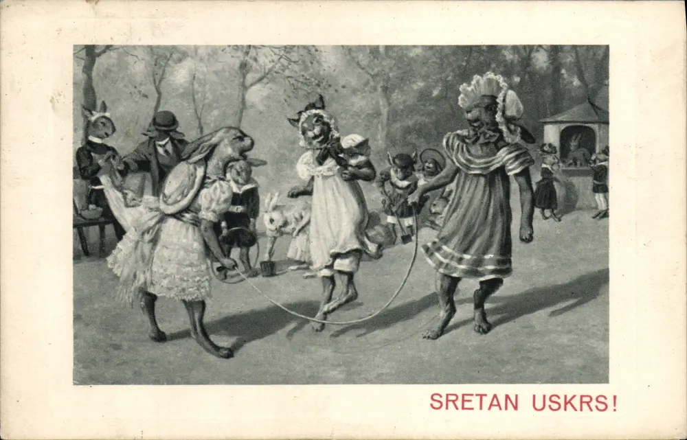Sretan Uskrs! — Série 1150, editor Dess. — Ilustração de coelhos vestidos com roupas festivas pulando corda em um parque - Frente