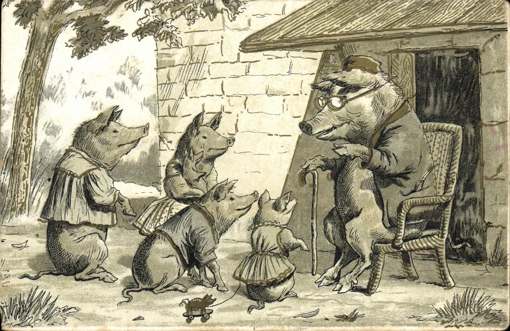 Piglets et grand-père cochon — scène de vie rustique — éditeur non visible - Frente