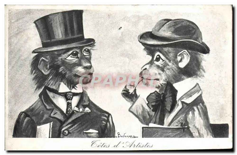 Dois macacos em traje — desenho de José Buclanques — Cêtes d'Artistes - Frente