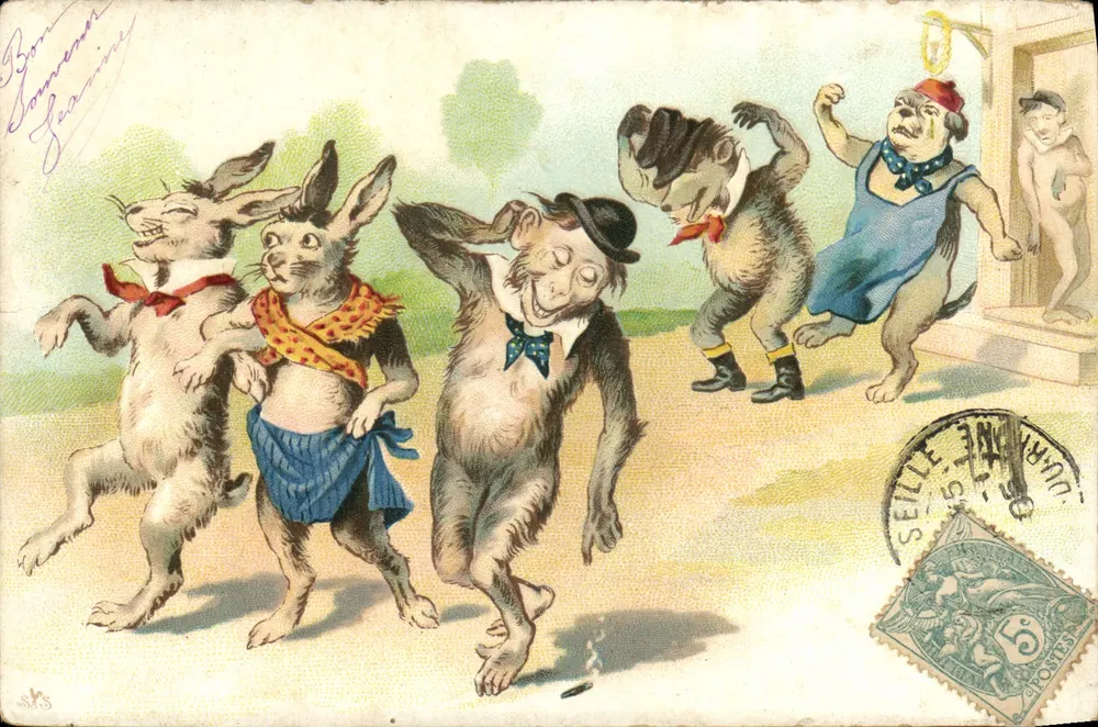 Dança animal — animais antropomórficos em traje de festa — editor S.K.S. - Frente