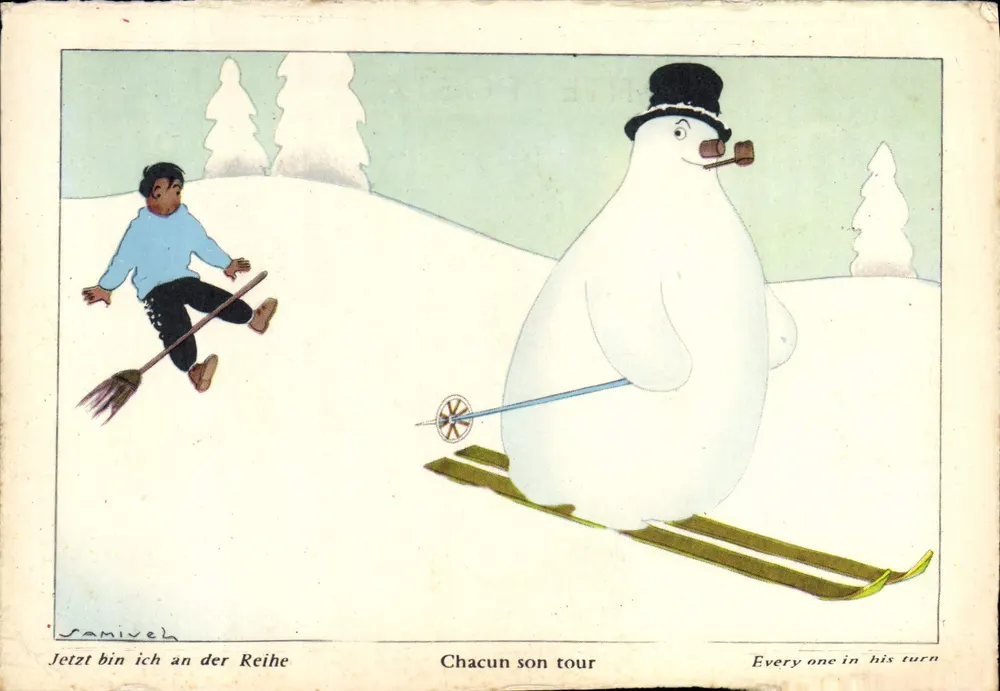 Skifahren in der Schneewehe — Schneemann und Kind — Éditions Samivel, Nr. 12 - Vorderseite