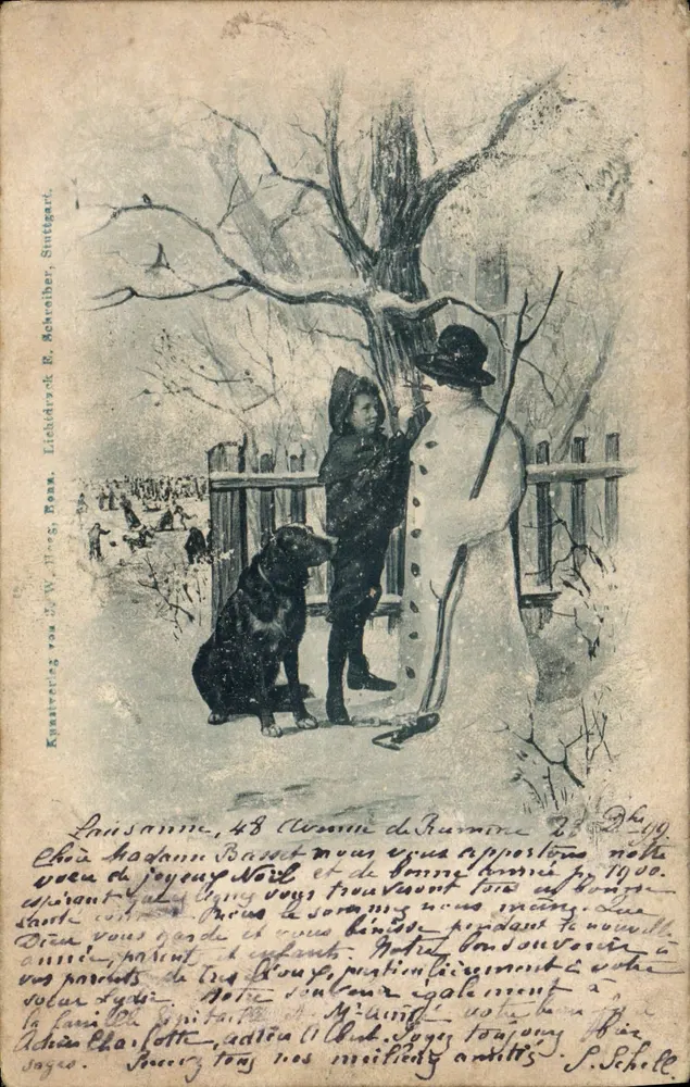 Kinder, die einen Schneemann bauen — Illustration — Verleger J.W. Hase, Stuttgart - Vorderseite