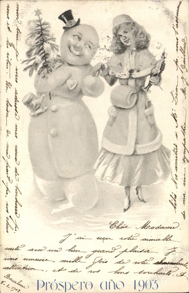 Weihnachten — Schneemann und junge Mädchen — Próspero año 1903, unbekannter Verleger - Vorderseite
