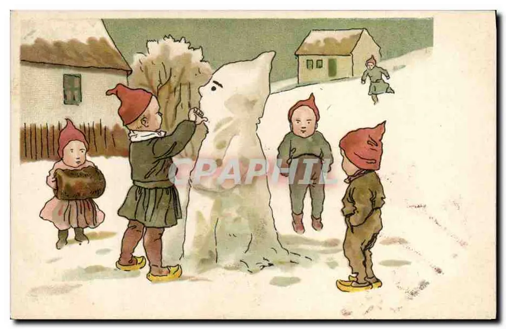 Kinder, die mit einem Schneemann spielen — Illustration — Unbekannter Verlag, Seriennummer nicht sichtbar - Vorderseite