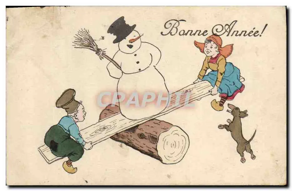 Kinder und Schneemann auf einer Schaukel — Frohes Neues Jahr! — Serie 391a - Vorderseite