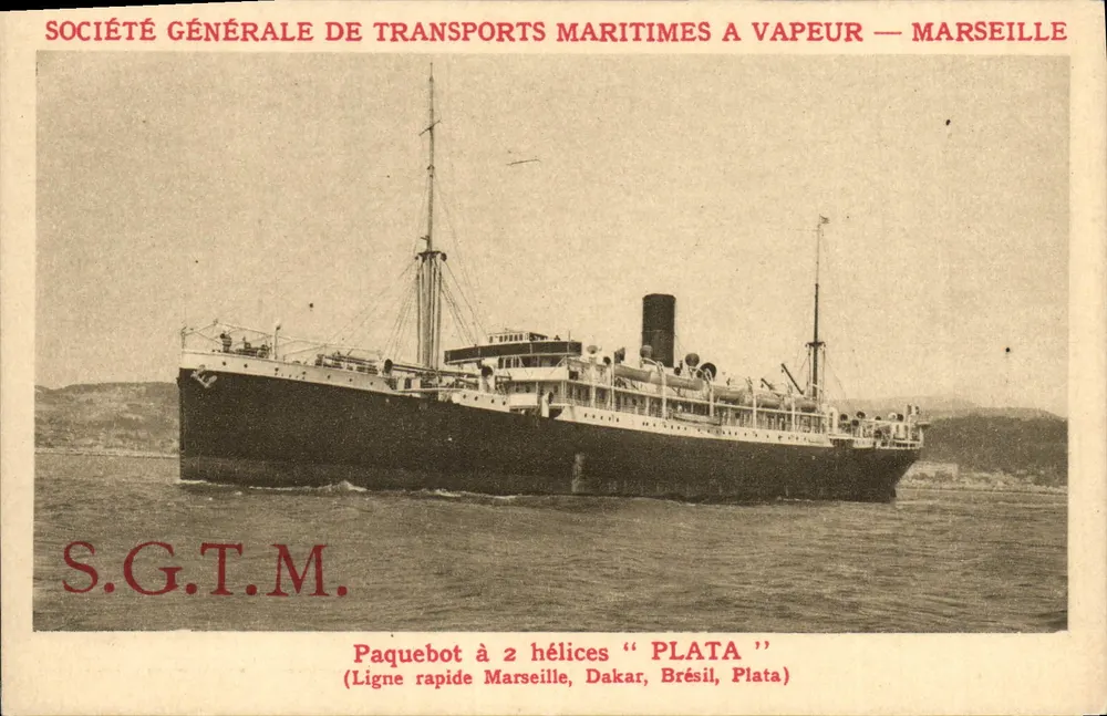 Dampfschiff mit 2 Propellern "PLATA" — Schnellfahrtlinie Marseille, Dakar, Brasilien — Société Générale de Transports Maritimes à Vapeur, Marseille - Vorderseite