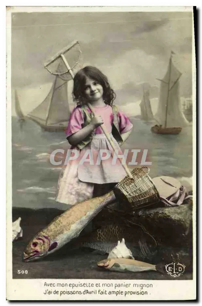 Mädchen mit Netz und Fischkorb — April — E.L.D. n°509 - Vorderseite