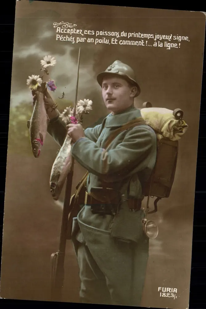Soldat in Felduniform — Fischer mit Fischen und Blumen — Verlag Furia, Nr. 1823 - Vorderseite