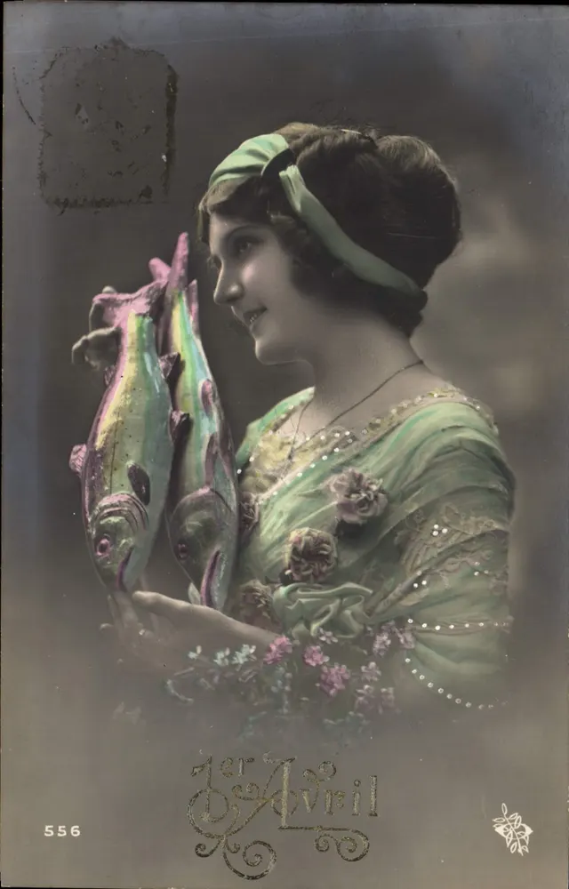 Frau mit zwei Fischen — 1. April — unbekannter Verleger, Nr. 556 - Vorderseite