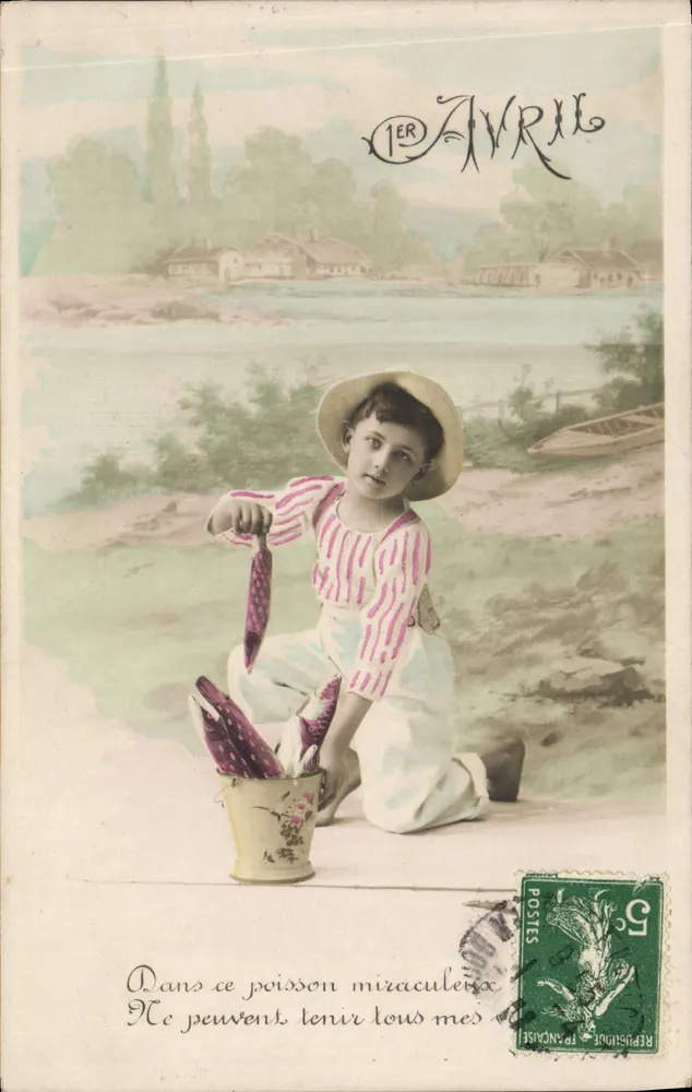 Kind fischend — 1. April — unbekannter Verlag - Vorderseite