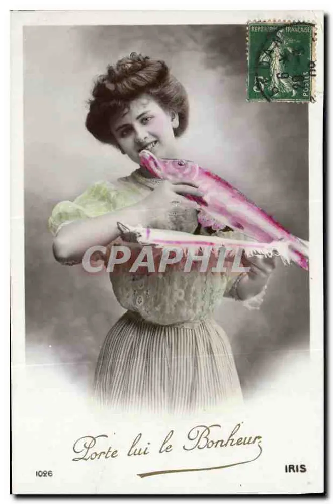 Frau mit einem rosa Fisch — 'Porte lui le Bonheur' — IRIS, n°1096 - Vorderseite