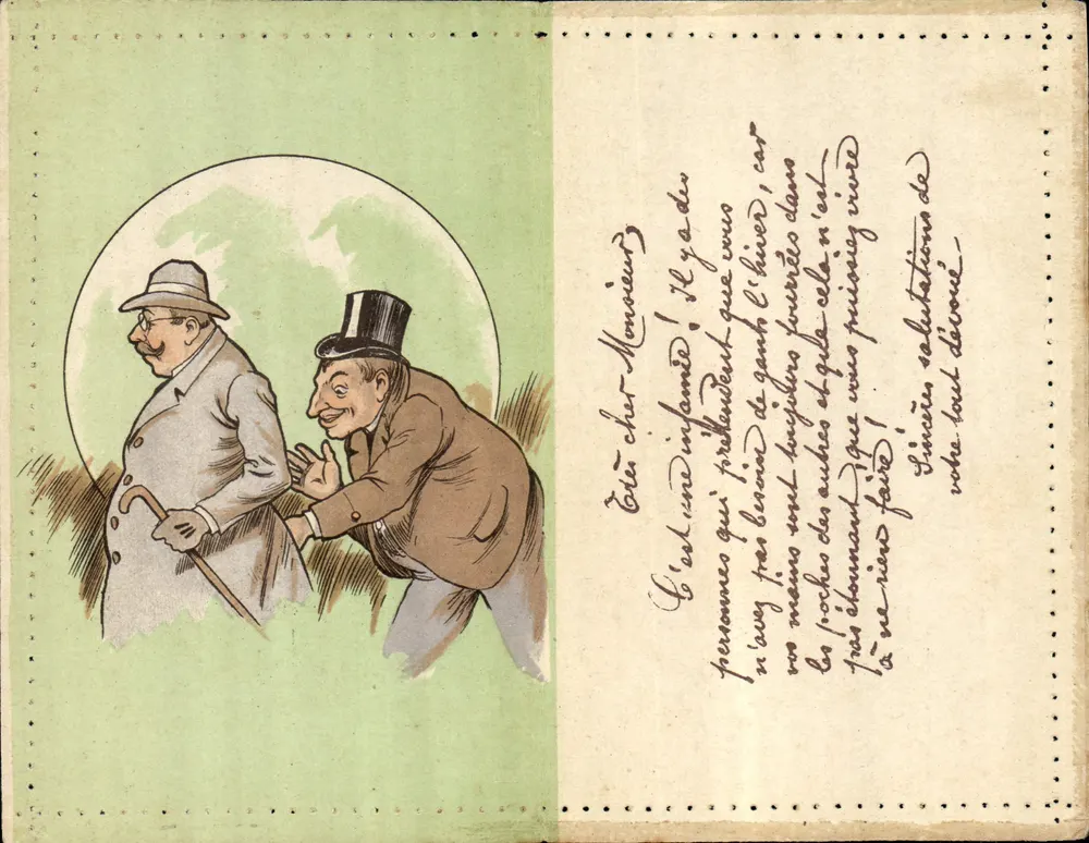 Zwei Männer unter dem Mond — humoristische Karikatur — französische Briefkarte - Vorderseite