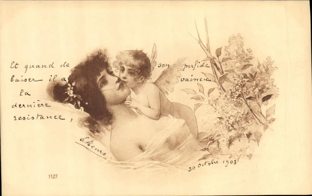 Cupidus umarmt eine Frau — poetischer Text — Verlag E. Heurs, Nr. 1127 - Vorderseite
