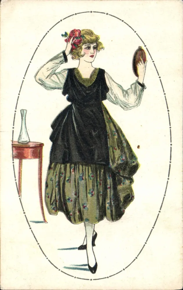 Frau in Schwarzem Kleid und Blumengeschirr — Illustration — STAMPATA IN ITALIA, N° 377 - Vorderseite