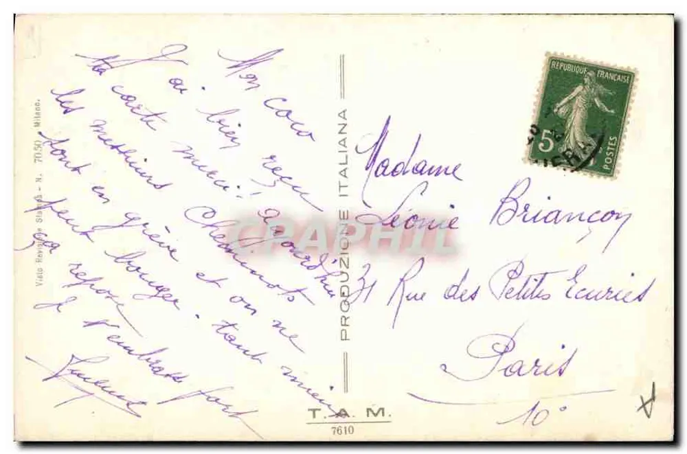 Junge Frau in grünem Kleid — mit Blumenstrauß in Blau — italienische Produktion, Nr. 7610 - Rückseite