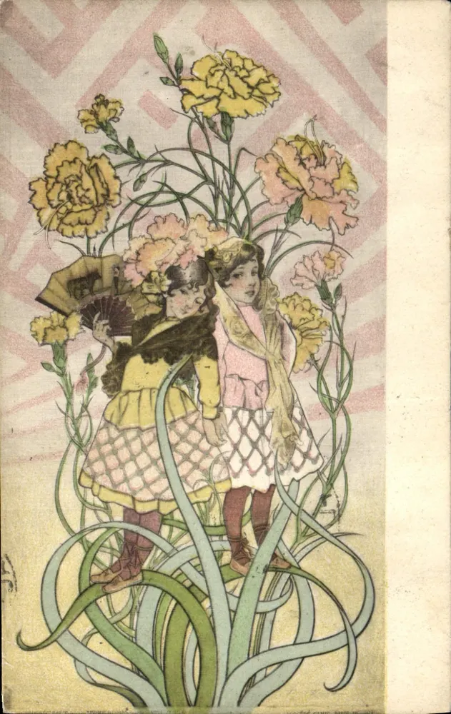 Zwei junge Mädchen unter Pivoines — Art Nouveau-Illustration — Verleger: Union Postale Universelle, Nr. 1506 - Vorderseite