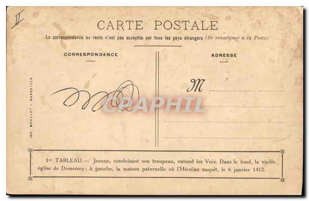 Joana d'Arc conduzindo seu rebanho — igreja de Domrémy e casa paterna — Imp. Moullot, Marselha - Verso