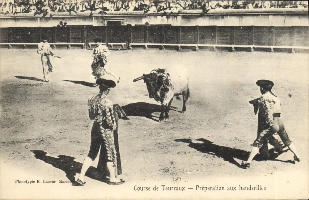 Stierkampf — Vorbereitung auf die Banderillas — Phototypie E. Lacour Marsen - Vorderseite