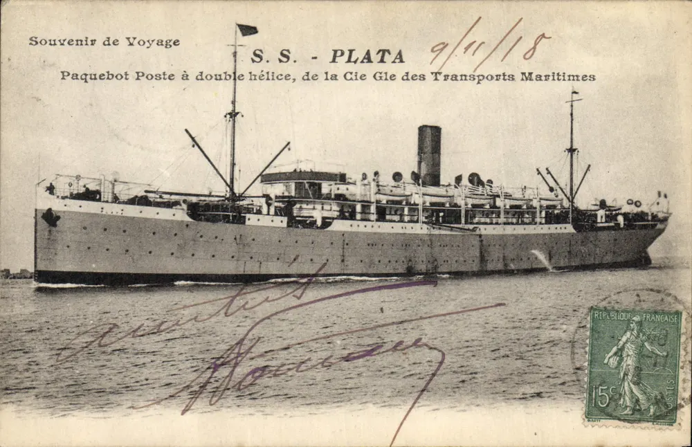 S.S. - PLATA — Postschiff mit Doppelschraube, von der Compagnie Générale des Transports Maritimes — Reisesouvenir - Vorderseite