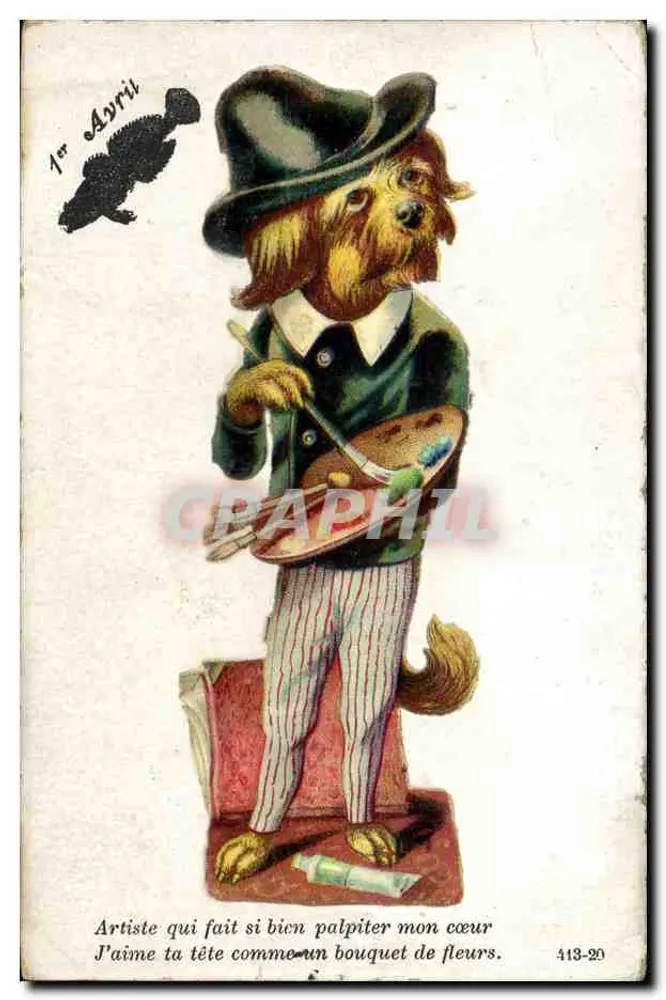 Chien artiste — chien en costume de peintre tenant palette et pinceau — éditeur 1er Avril, n° 413-20 - Vorderseite