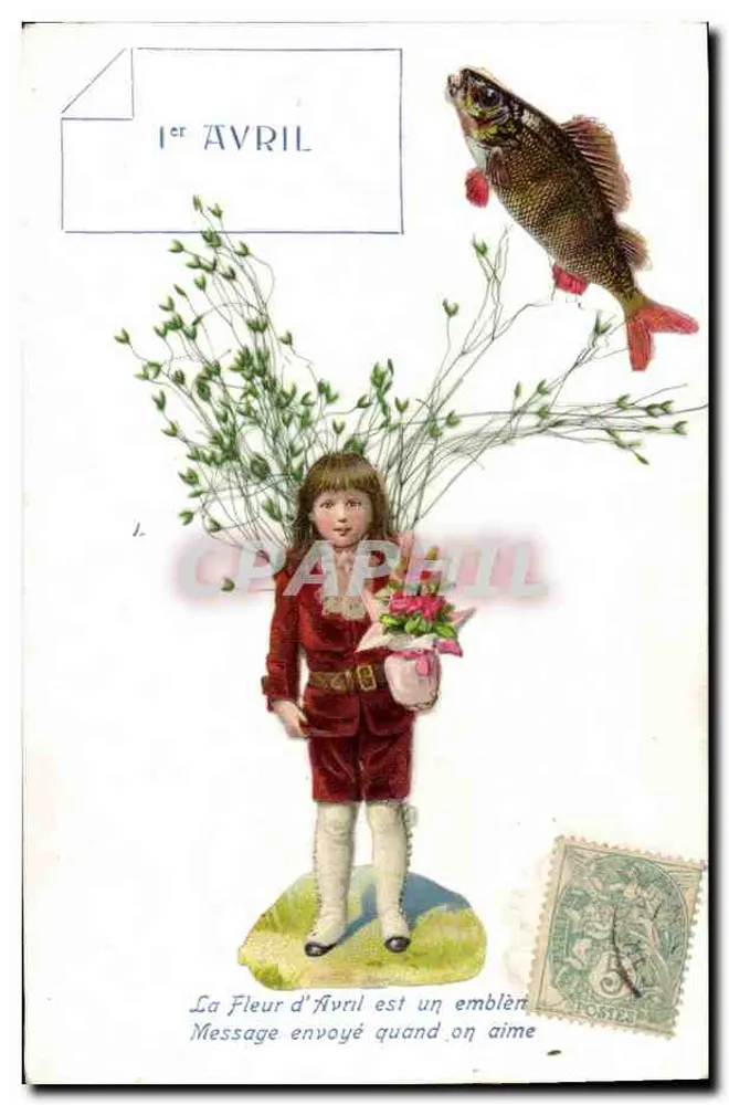 Kind mit Blumenstrauß und Fisch — 1. APRIL — Verlag nicht sichtbar - Vorderseite