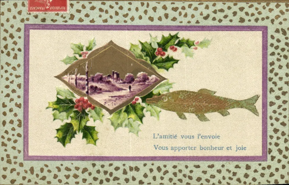 Weihnachtskarte mit Fisch und Efeu — Französische Republik — unbekannter Verlag - Vorderseite