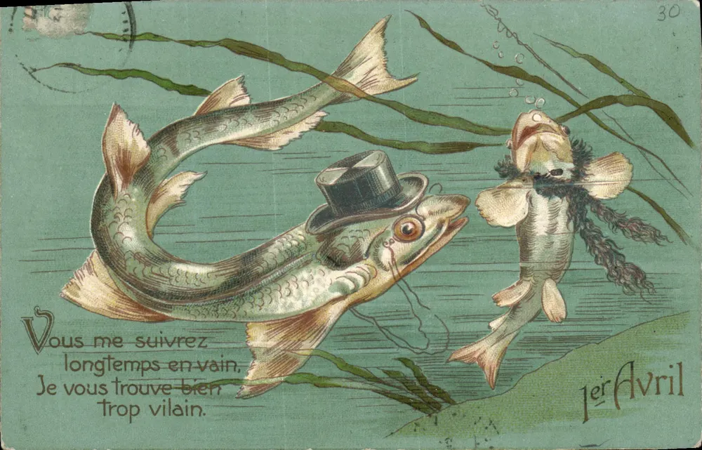 Zwei Fische — Fisch mit Hut und Fisch mit Pferdegeschwanz — 1. April - Vorderseite