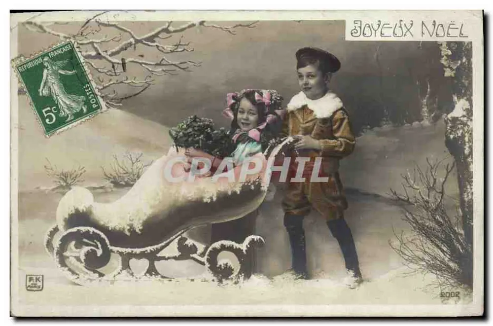 Kinder in einem schneedeckten Schlitten — Frohe Weihnachten — Verleger FK, Nr. 2002 - Vorderseite