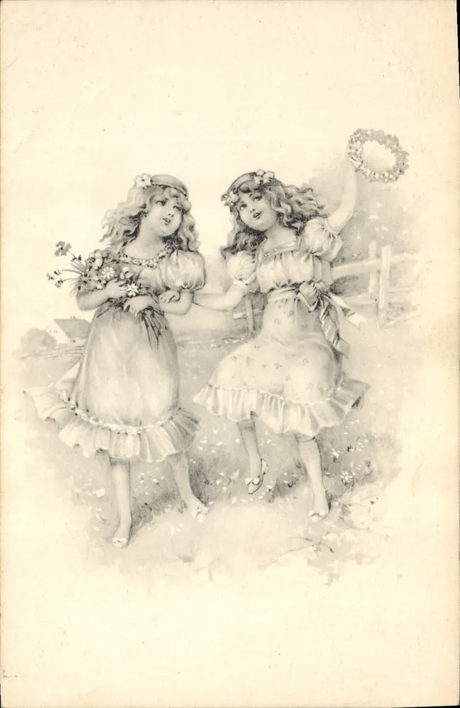 Deux jeunes filles en robe de style victorien — illustration gravée — série 619, éditée par L. (Léon) à Paris - Recto
