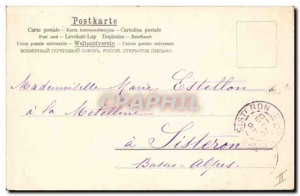 Frau in einem Rüschenkleid — 1907 — Verlag unbekannt - Rückseite