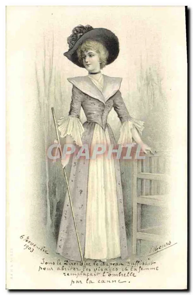 Frau in eleganter Kleidung und Hut — unter dem Titel 'Unter dem Direktorat reichte der Hut aus, um die Gesichter zu schützen und die Frau ersetzte den Schirm mit dem Stock.' — Verleger V. Bours, Nr. 6 November 1903 - Vorderseite
