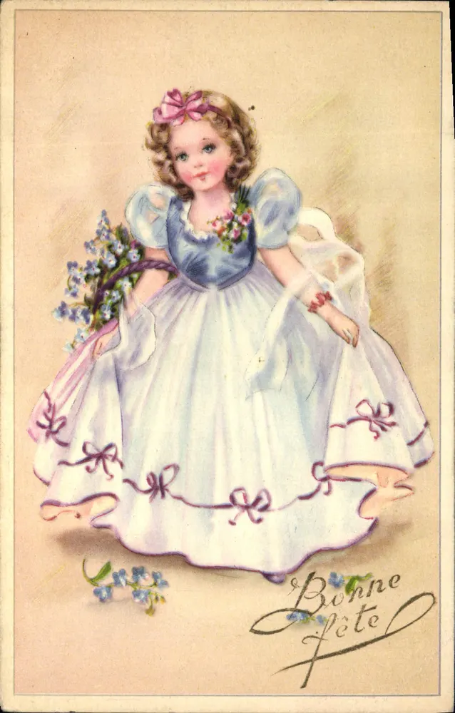 Kleine Mädchen in blauer und weißer Kleidung — mit Blumenstrauß — Verleger nicht sichtbar - Vorderseite