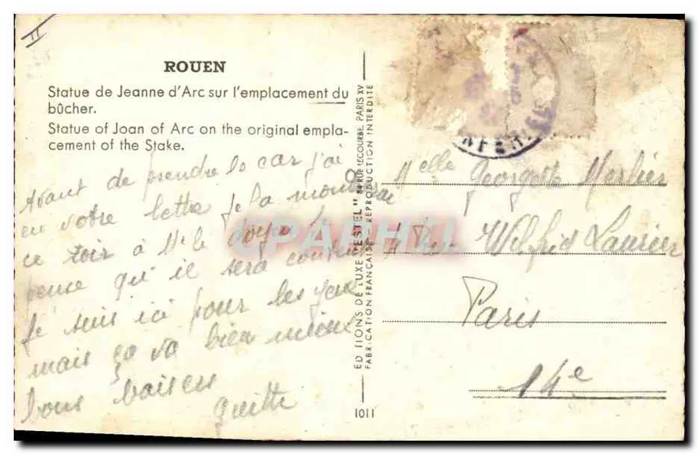Estátua de Joana d'Arc — Rouen — Editor Estel, n° 1011 - Verso