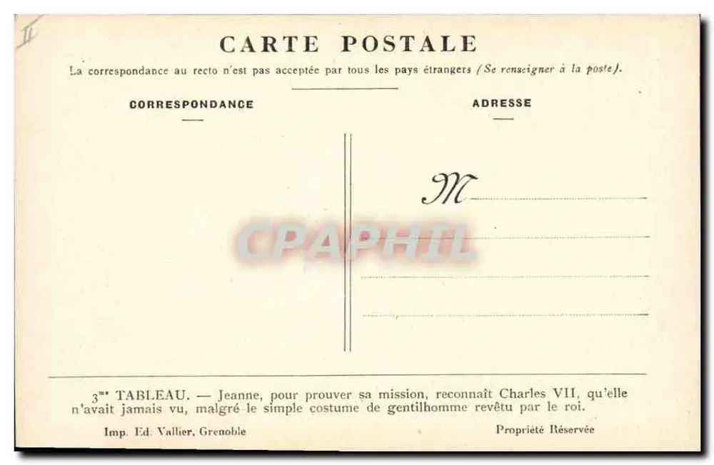 Joana d'Arc reconhecendo Carlos VII — 3º quadro — Imp. Ed. Vallier, Grenoble - Verso