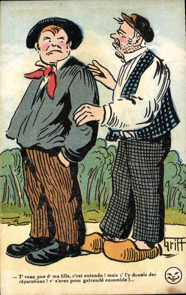 Dois homens em conversa — caricatura humorística — Éd. Bochaneaux flip-top, Paris, Série N°173 - Frente