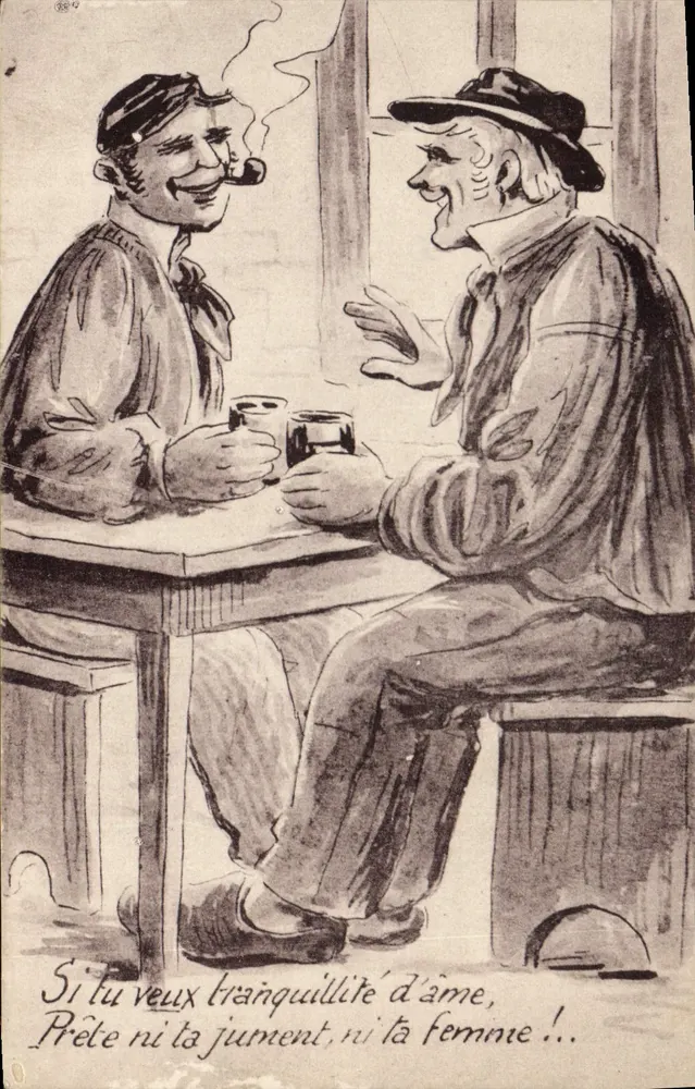 Zwei Männer, die trinken und sprechen — humoristische Karikatur — Verlag: M. Brochier, Paris, Serie 254 - Vorderseite