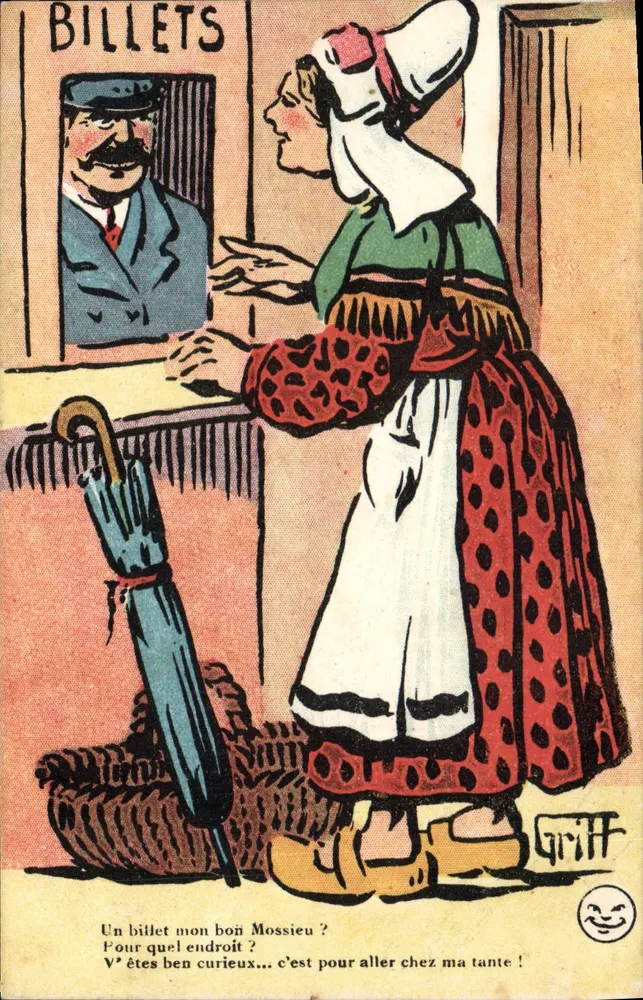 Mulher em traje tradicional pedindo um bilhete — Assinatura de artista Grif — série N°70 - Frente